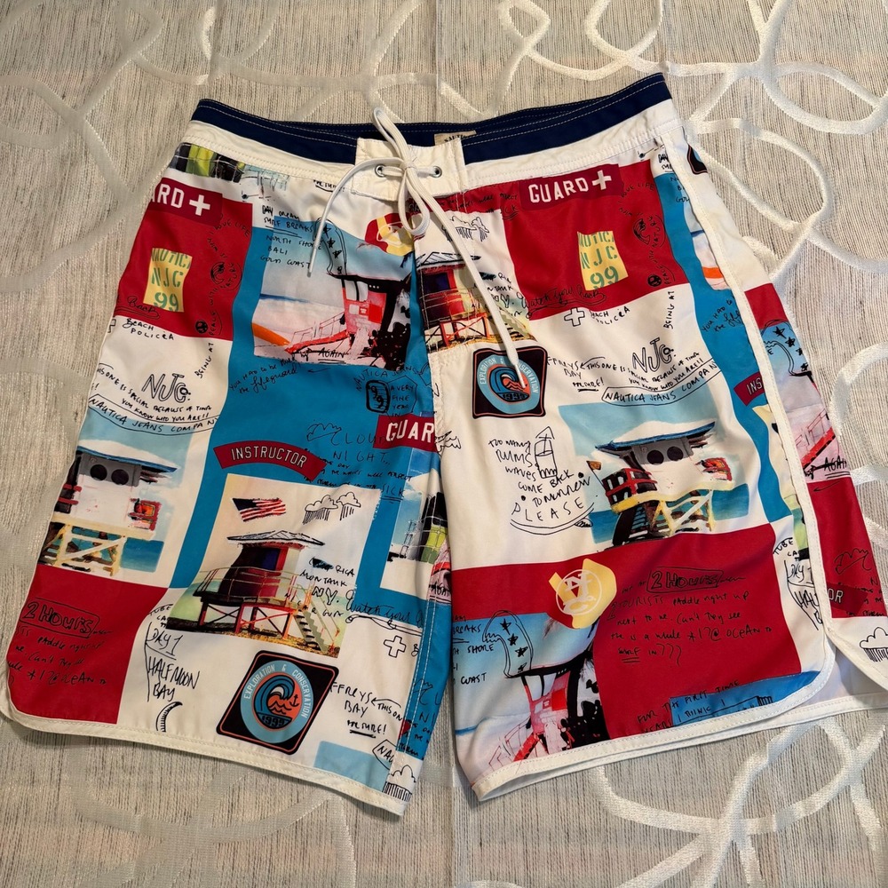 Nautica Jeans Co Mens 34W Board Shorts Red Blue Lifeguard Beach Graphic Surf 99